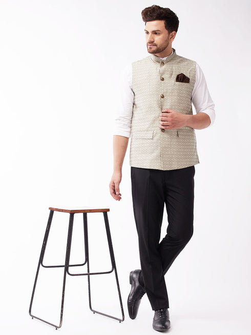 Men's Beige Jacquard Nehru Jacket